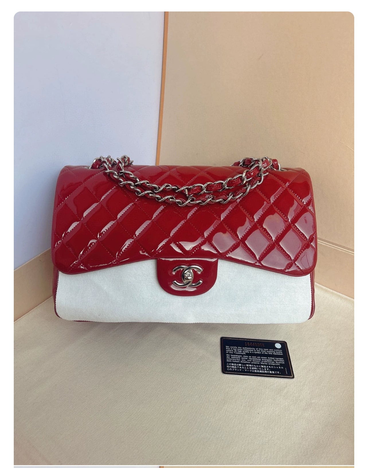 Chanel Classic Jumbo Flap Bag in Red Patent Leather (7876790714428) (7919548760124)