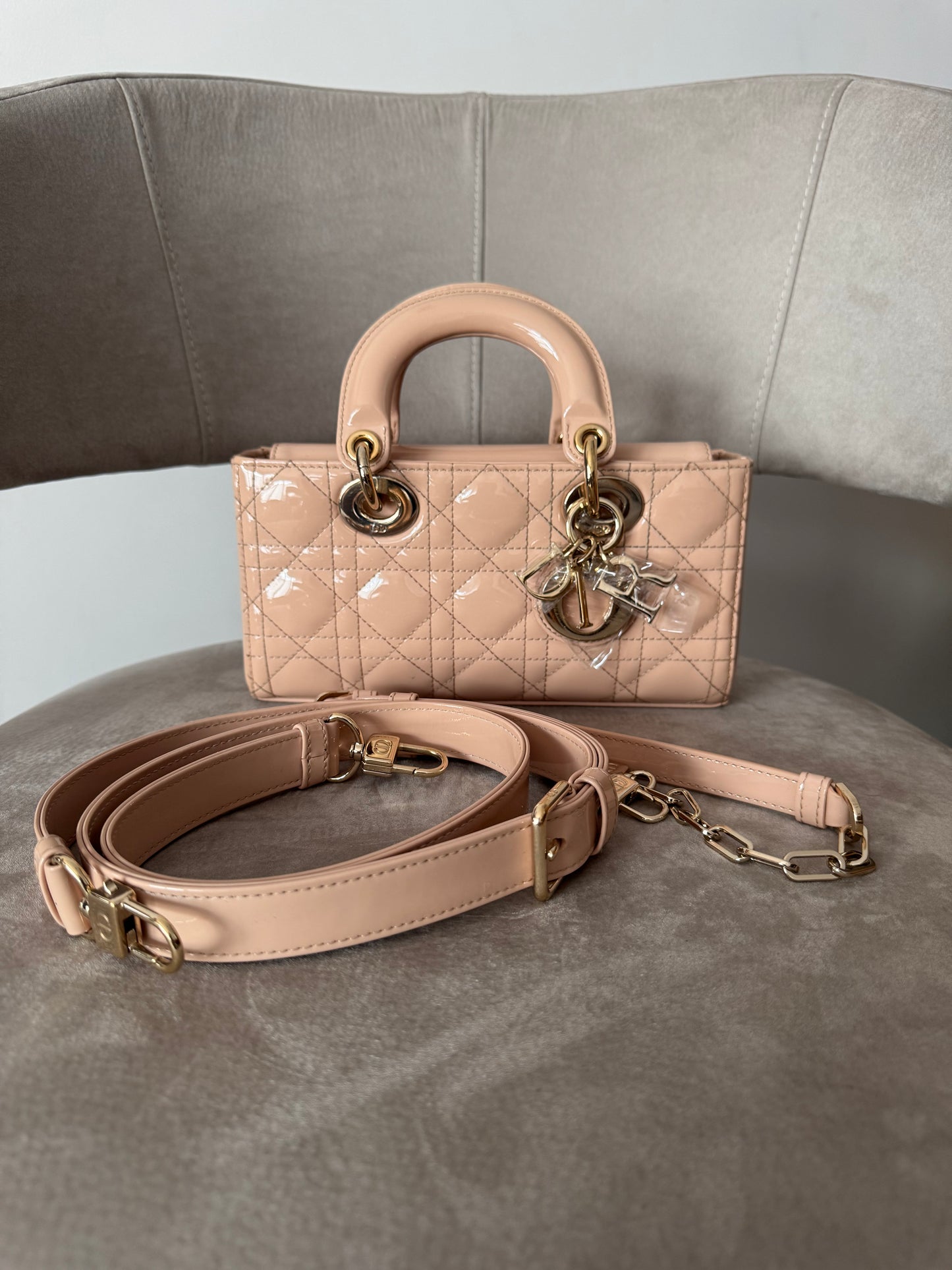 Christian Dior D-Joy Bag in Beige Patent Cannage Leather (7919489679420)