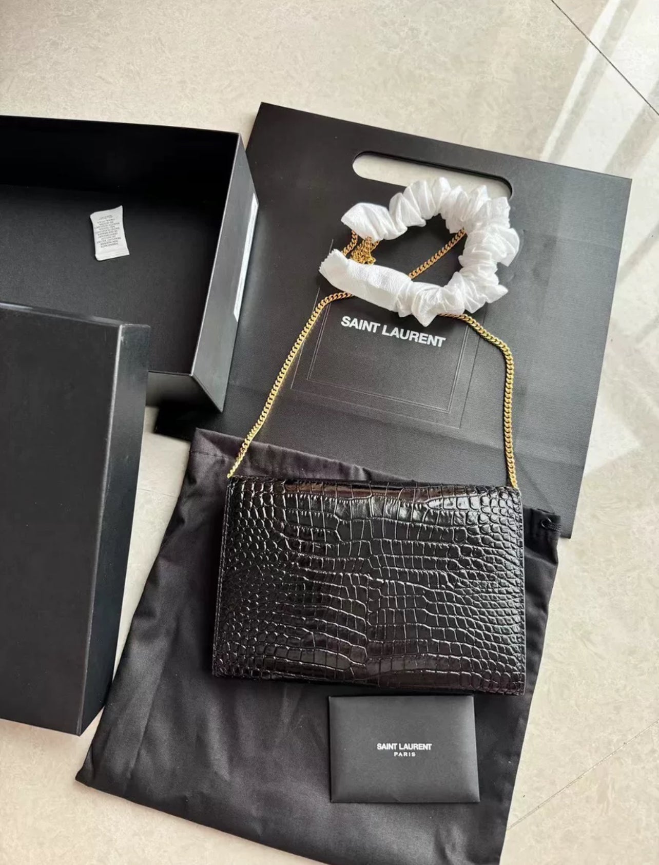Saint Laurent Kate Chain Black Croc-Embossed Leather - Brand New (7879405895740)