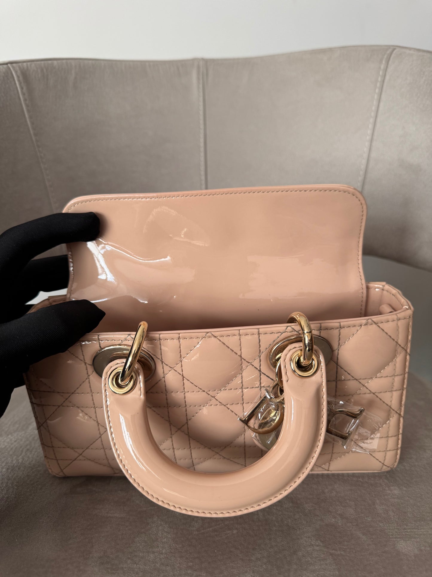 Christian Dior D-Joy Bag in Beige Patent Cannage Leather (7919489679420)