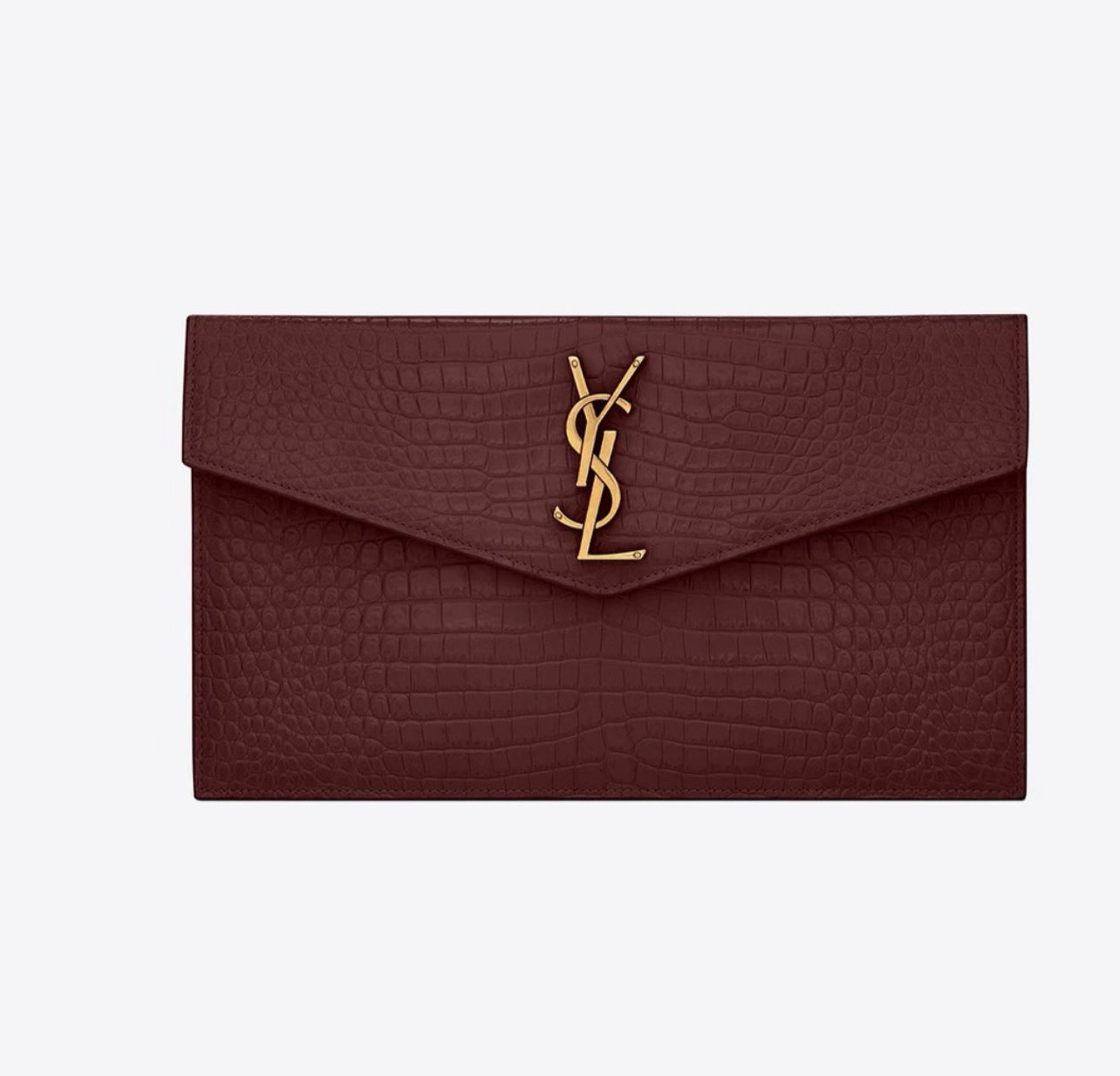 Saint Laurent Uptown Clutch – Croc-Embossed in Burgundy Brand New (8622911356988)