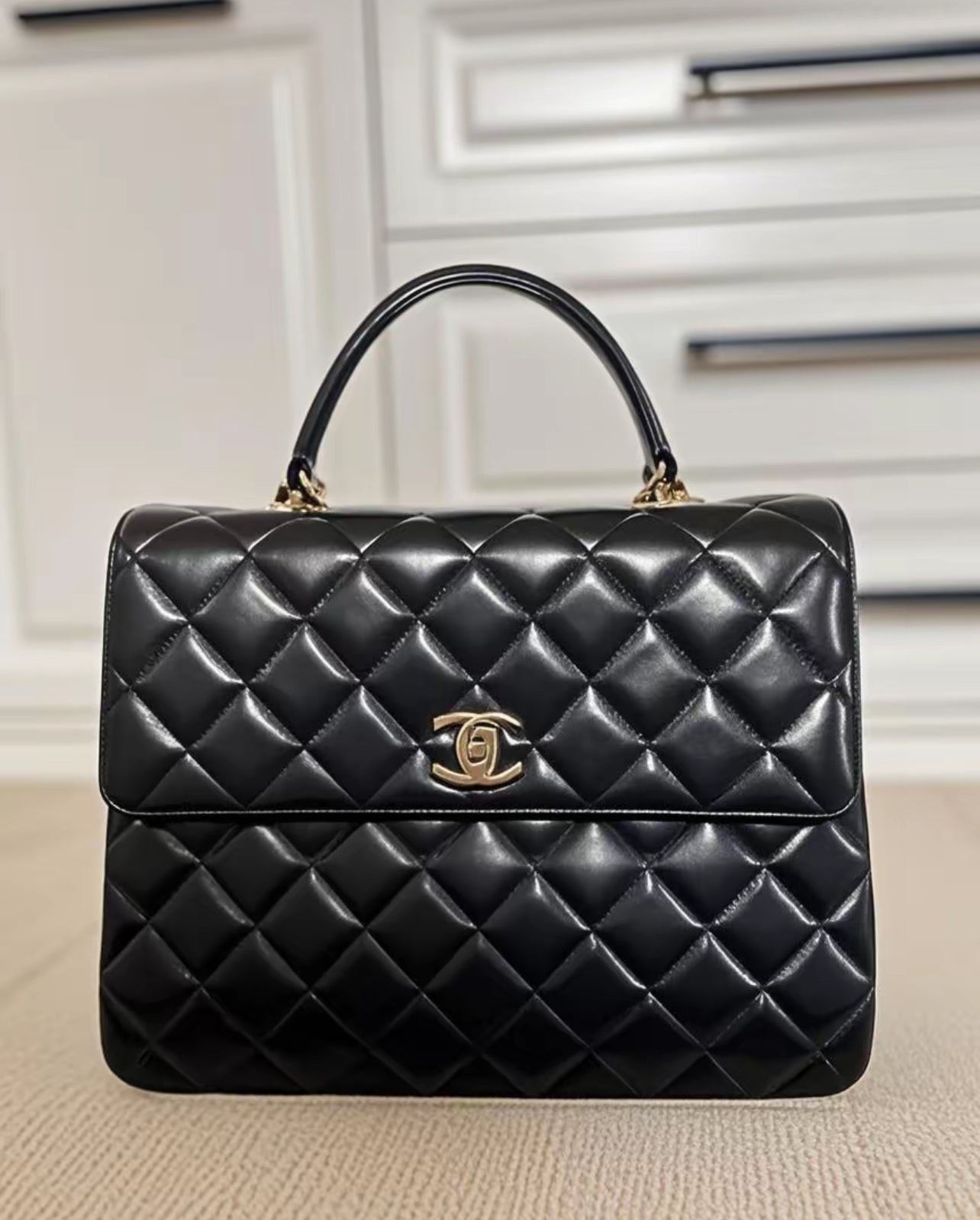 Chanel Large Trendy CC Top Handle Bag in Black Quilted Calfskin with Gold Hardware (7982999175228)
