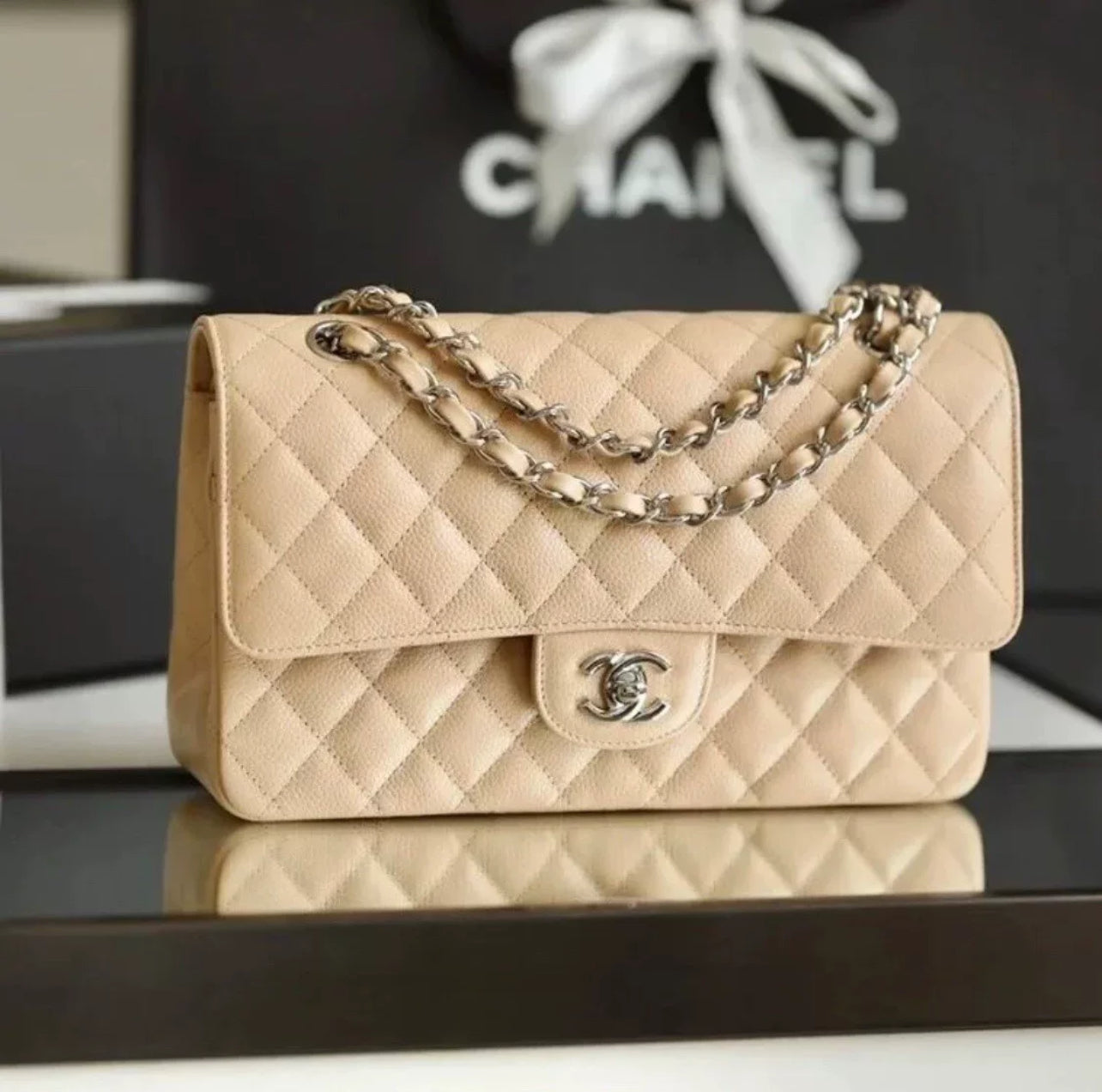 Chanel Classic Jumbo Flap Bag in Beige Caviar Leather (7912320368700)