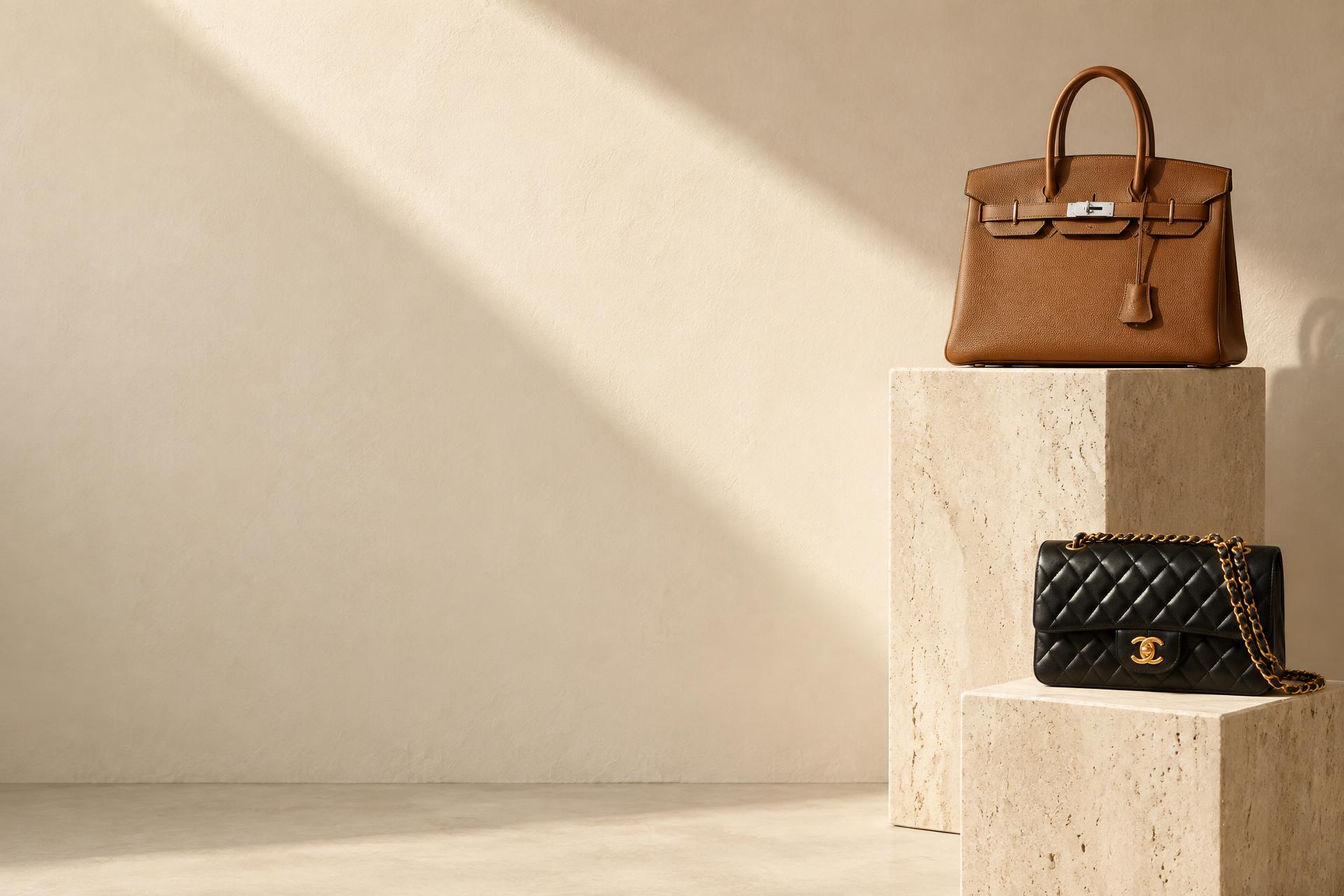Hermès Birkin and Chanel classic flap handbags on travertine pedestals in warm sunlight