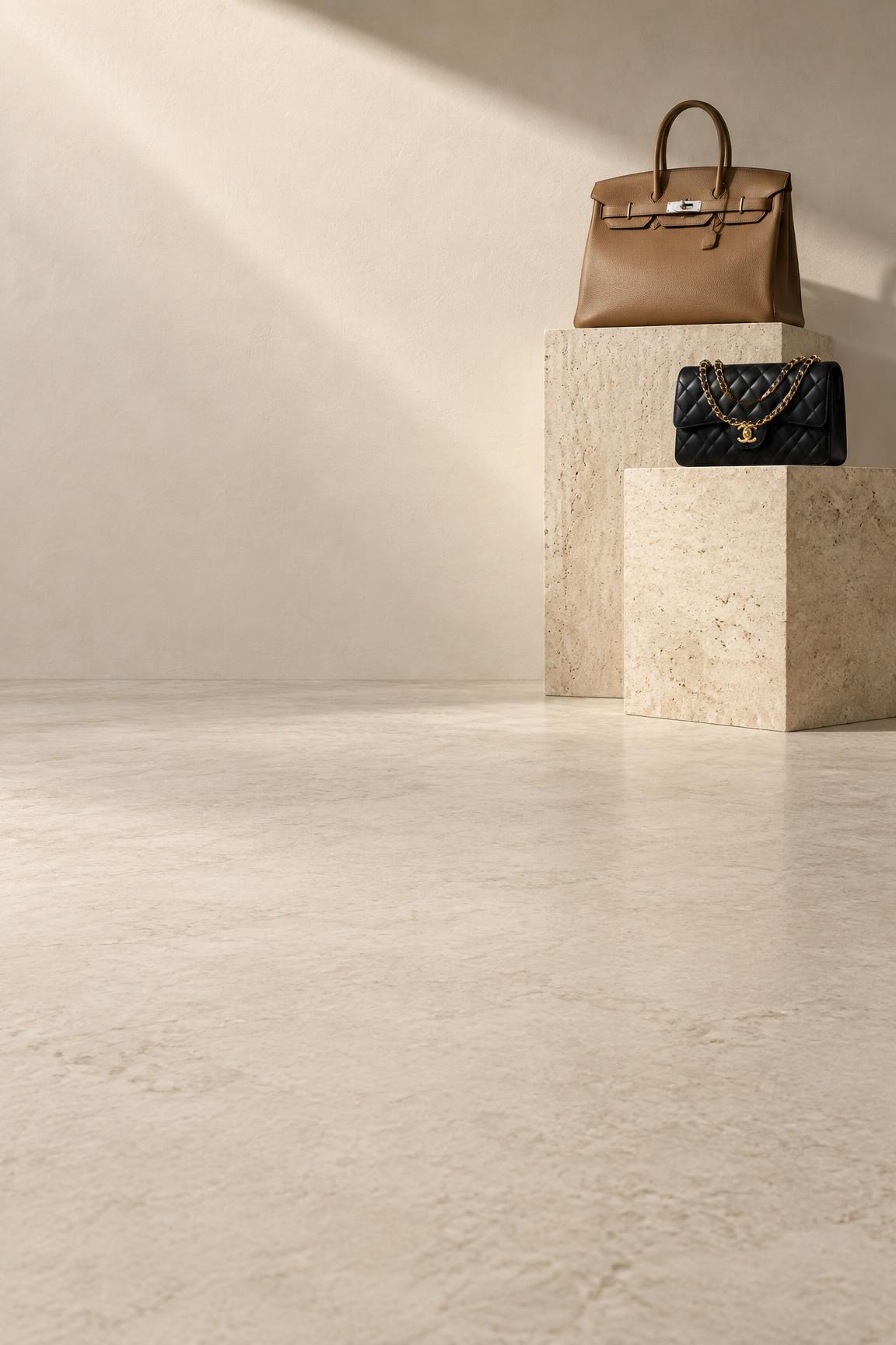 Hermès Birkin and Chanel classic flap handbags on travertine pedestals in warm sunlight