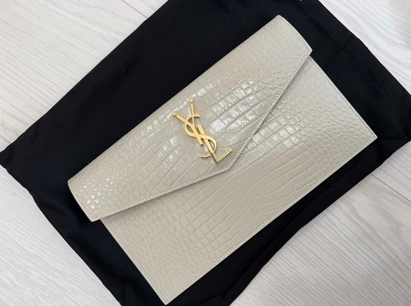 Saint Laurent Uptown Croc-Embossed Envelope Clutch (New)