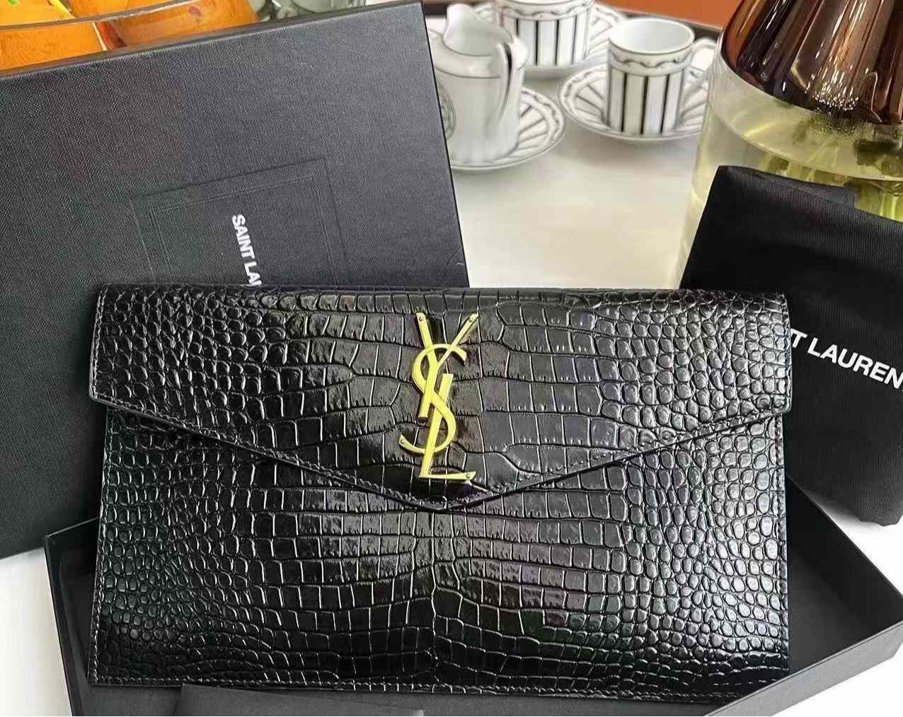 Saint Laurent Uptown Crocodile-Embossed Leather Clutch (7891172130876)