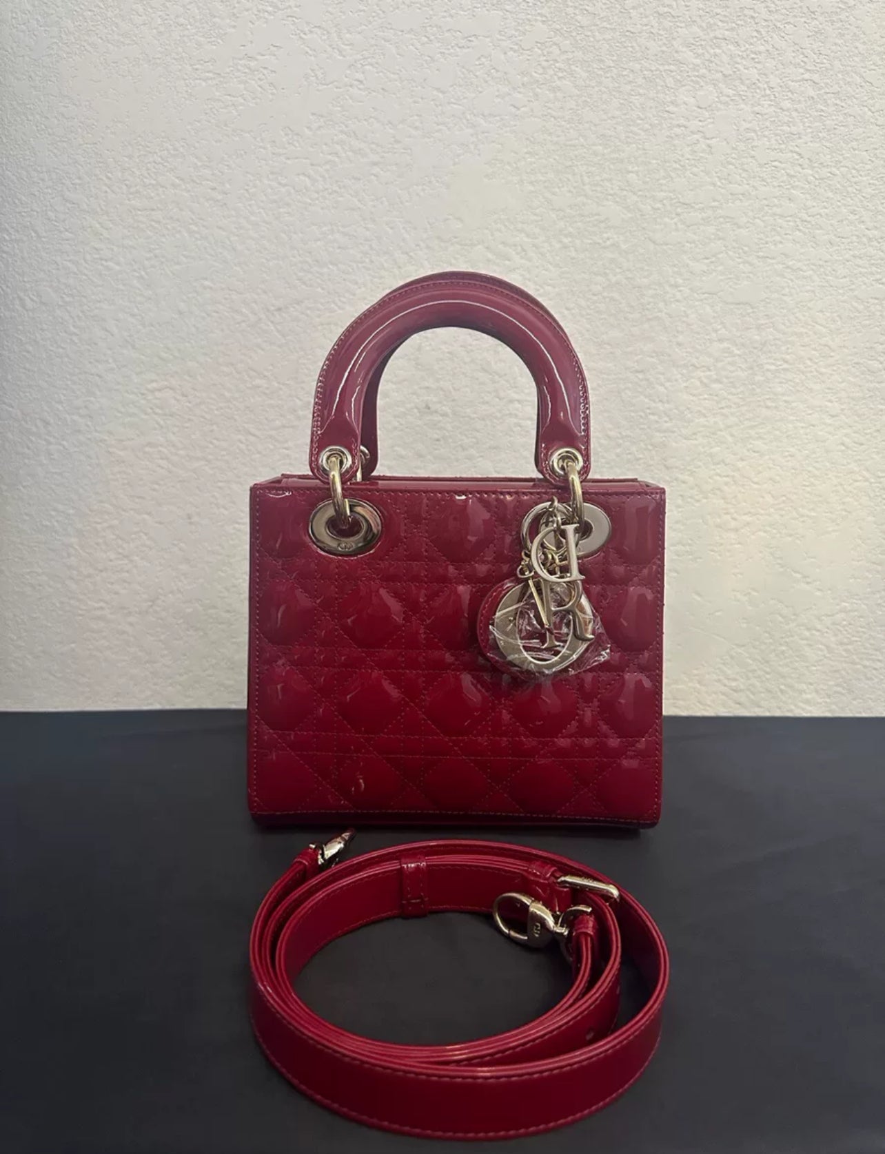 Lady Dior Medium Bag in Red Patent Cannage Leather (7879360348220)