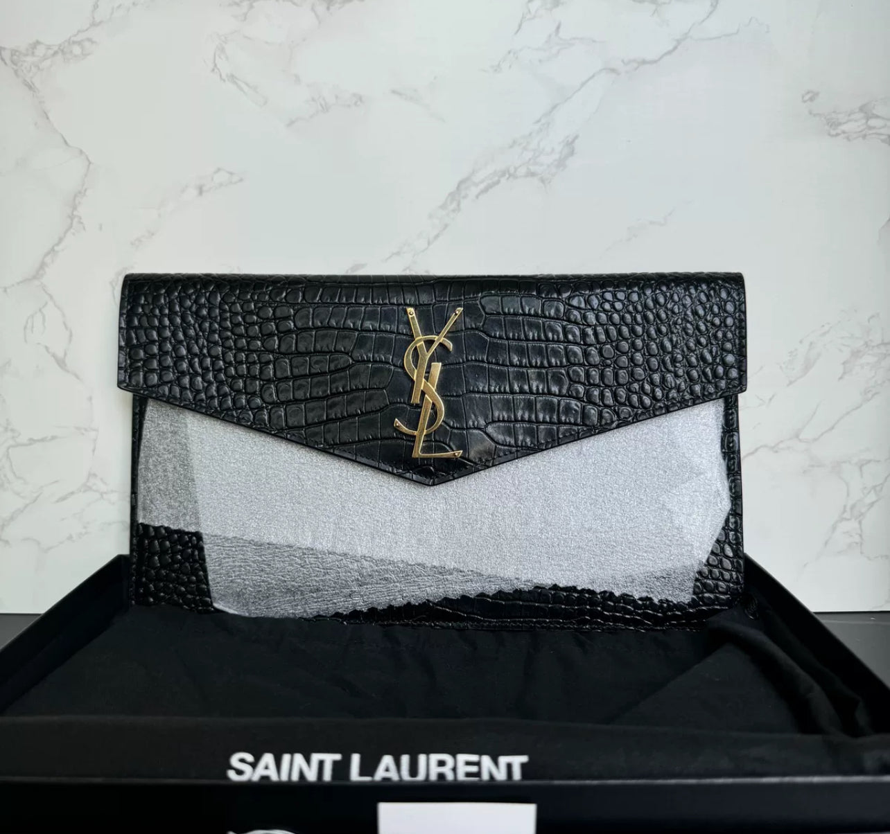 Saint Laurent Uptown Crocodile-Embossed Leather Clutch (7891172130876)