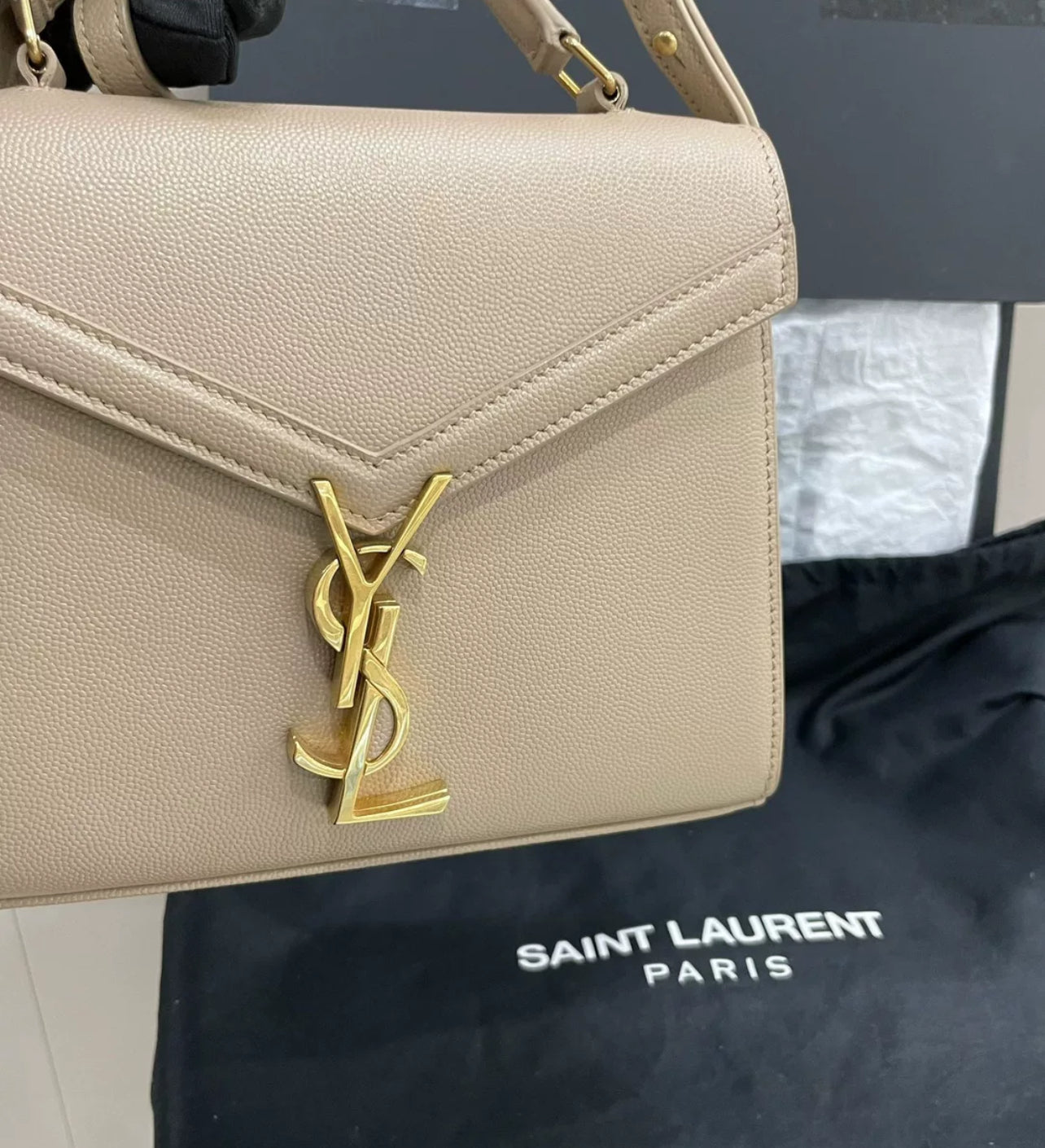 Saint Laurent Cassandra Mini Top Handle Beige - Brand New (7879419297852)