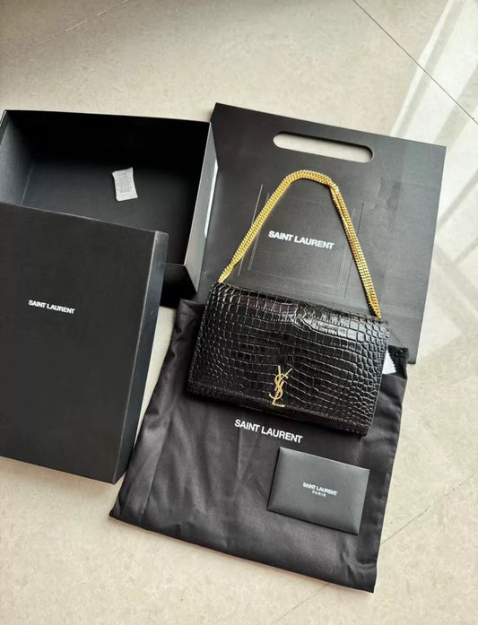 Saint Laurent Kate Chain Black Croc-Embossed Leather - Brand New (7879405895740)