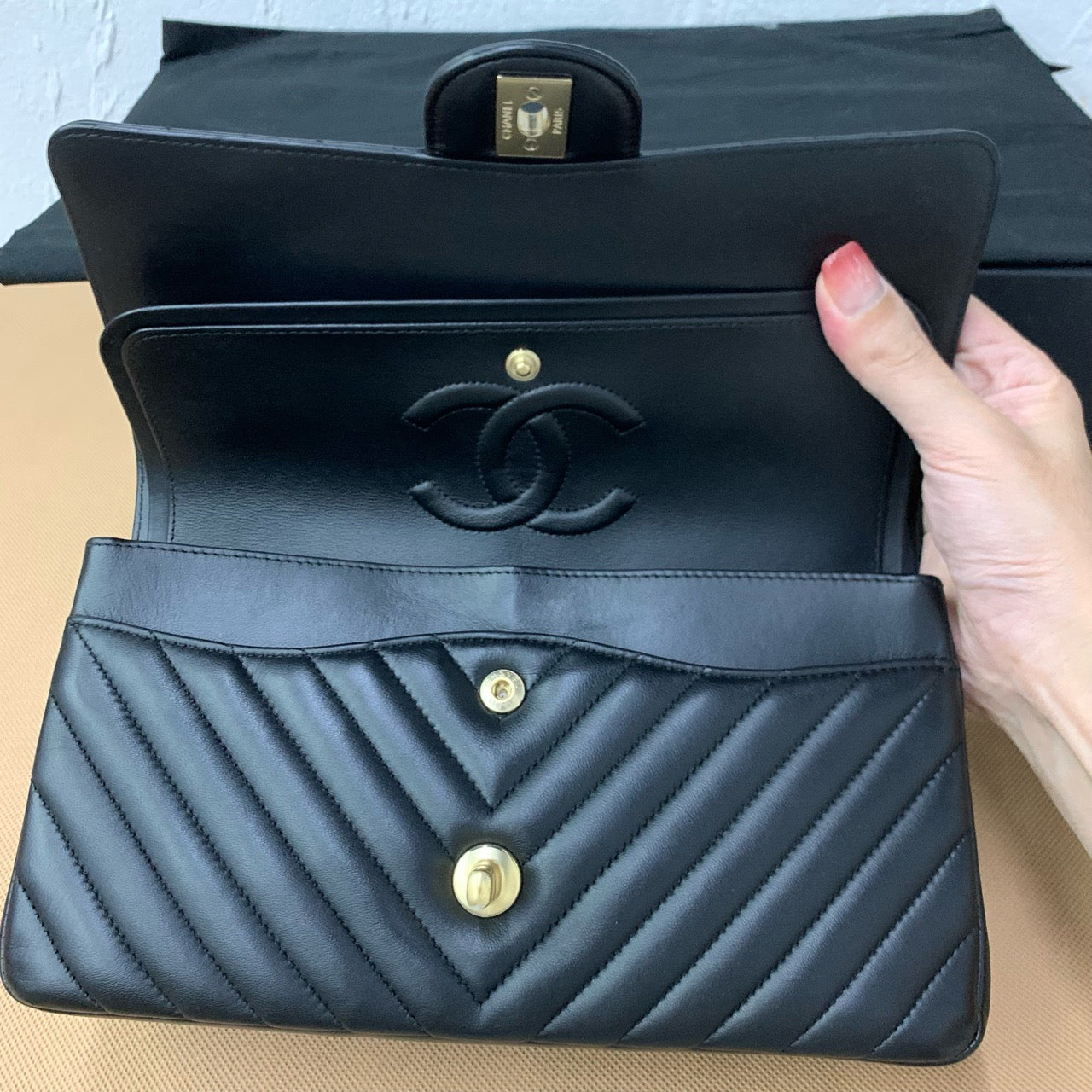 Chanel CF Medium Chevron Black Lambskin (7877718442044)