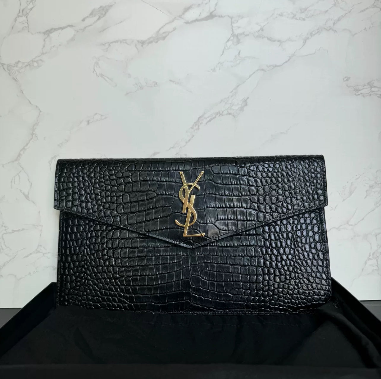 Saint Laurent Uptown Crocodile-Embossed Leather Clutch (7891172130876)