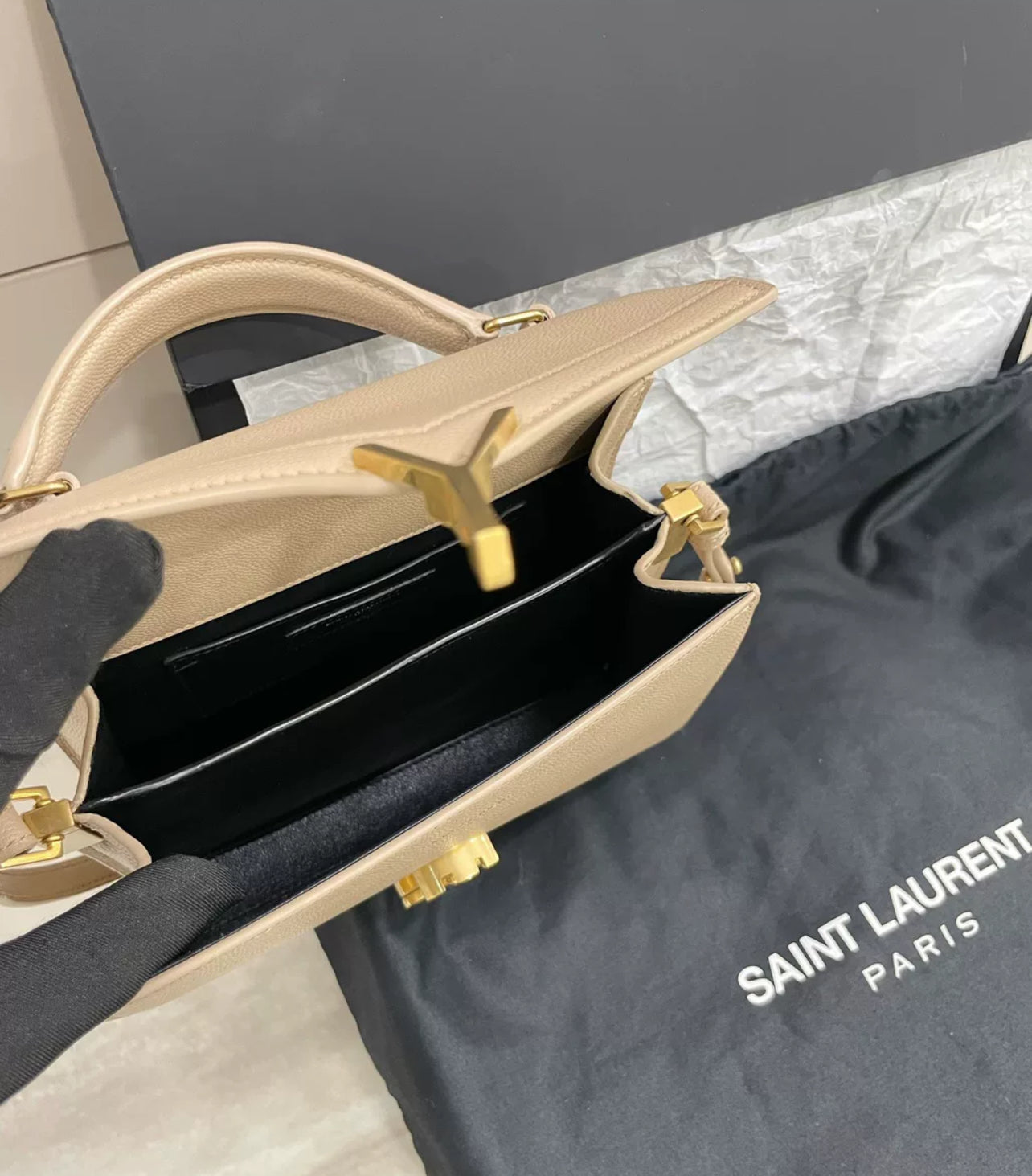 Saint Laurent Cassandra Mini Top Handle Beige - Brand New (7879419297852)