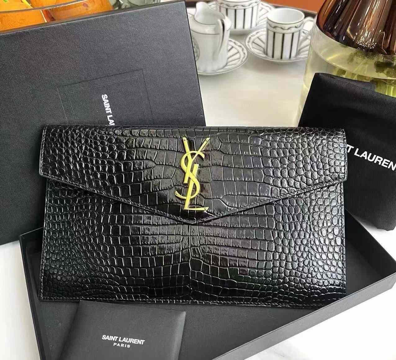 Saint Laurent Uptown Crocodile-Embossed Leather Clutch (7891172130876)